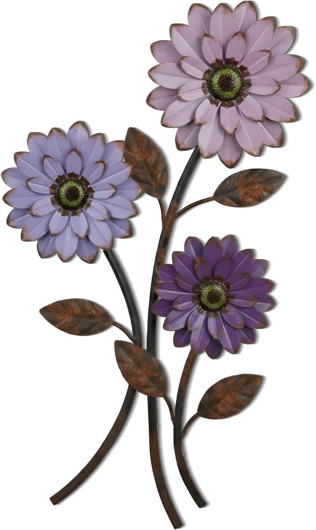 Xuhal Metal Flower Wall Art, 15.75 Inch Vintage Daisy Wall Decor, Not 3D, Flat Rustic Metal Floral Hanging Farmhouse Spring Leaf Sculpture for Living Room Bedroom Indoor Outdoor(Purple)