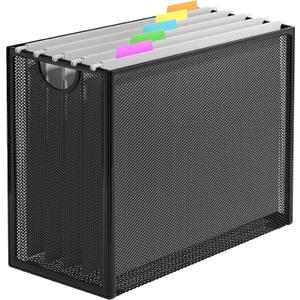 Hanging File Organizer, Letter-Size File Holder with 5 Folders, Modern Metal Mesh Storage Basket, Black and Grey, 12.2 x 9.45 x 5.45 inches