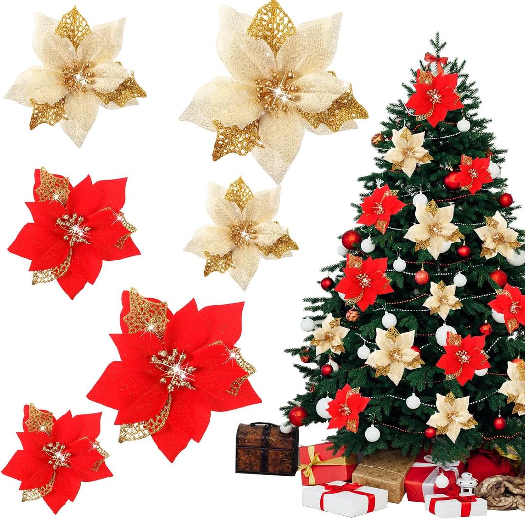 Aoriher 24 Pcs 3 Size Christmas Poinsettia Flowers Artificial Glitter Poinsettia Flowers with Clips Gold Red Xmas Decoration Ornaments for Christmas Tree New Year Home Outdoor Decor (Gold Leaf)