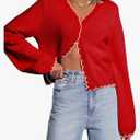 Women Long Sleeve Cardigan Button Down Knit Jackets Open Front Cropped Contrast Color Trim Sweaters Fall Winter Medium