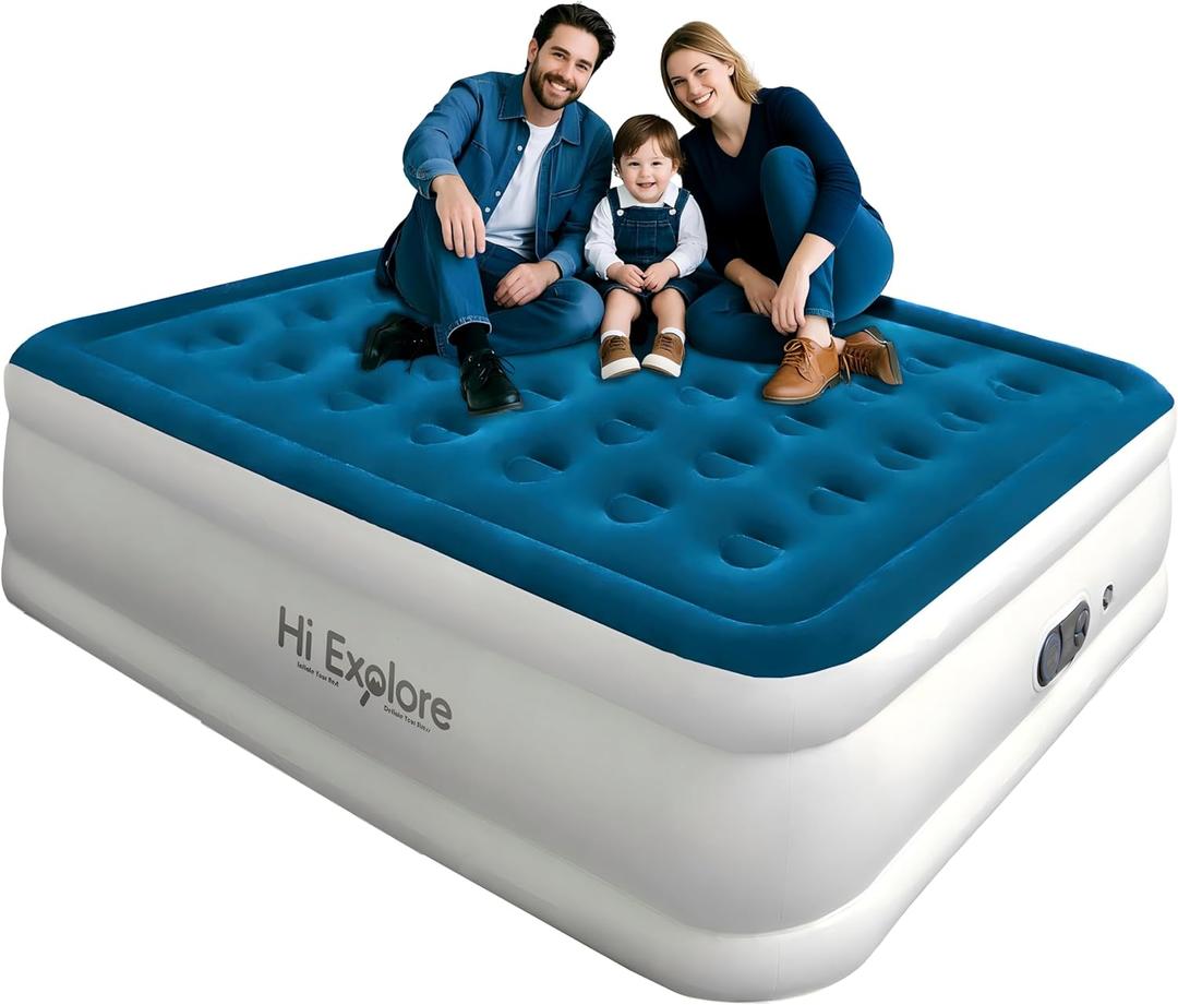 Air Mattress Queen with Built in Pump Raised, with Comfort Plush, Portable Air Bed for Home, Guests, Camping,(Blue, 22 Height)
