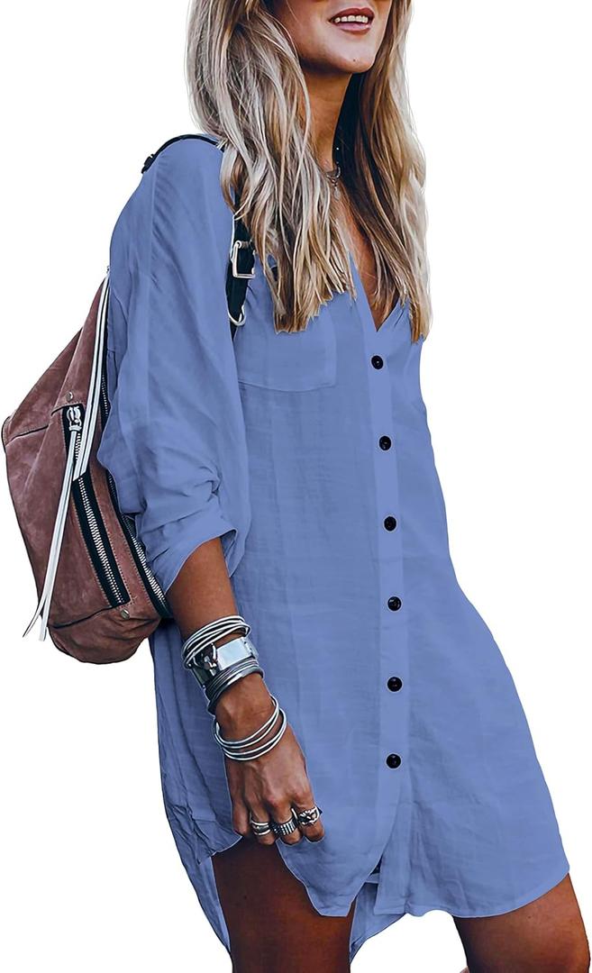 POGTMM Women's Swimsuit Cover Up Summer Beachwear Button Down Shirt Bikini Bathing Suit Beach Coverup Mini Dresses (Medium, Cow Blue)