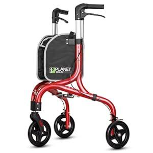 PLANETWALK Premium 3 Wheel Rollator Walker for Seniors – Ultra Lightweight Foldable Aluminum Mobility Aid with Height Adjustable Handle and 8 Inch Wheels, Brilliant Red