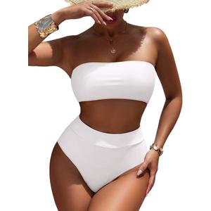 Pink Queen Women's High Waist Bikini Set Removable Strap Bandeau Two Piece Swimsuit Bathing Suit (White, Small)