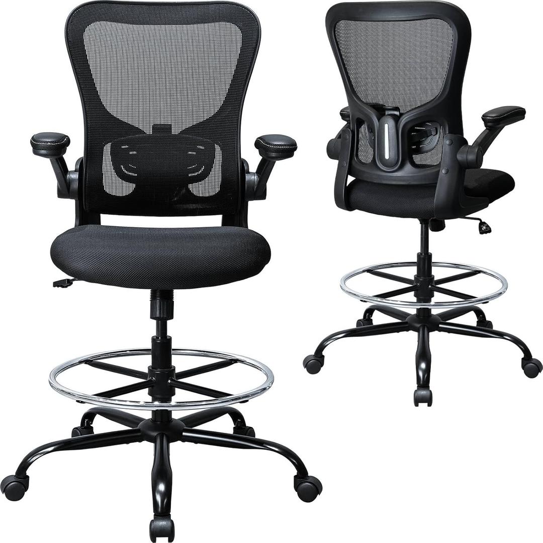 Drafting Chair, Ergonomic Tall Office Chair for Standing Desk, Counter Height Desk Chair with Adjustable Padded Armrests and Footrest Ring Standing Desk Chair Adjustable Height with Lumbar Support