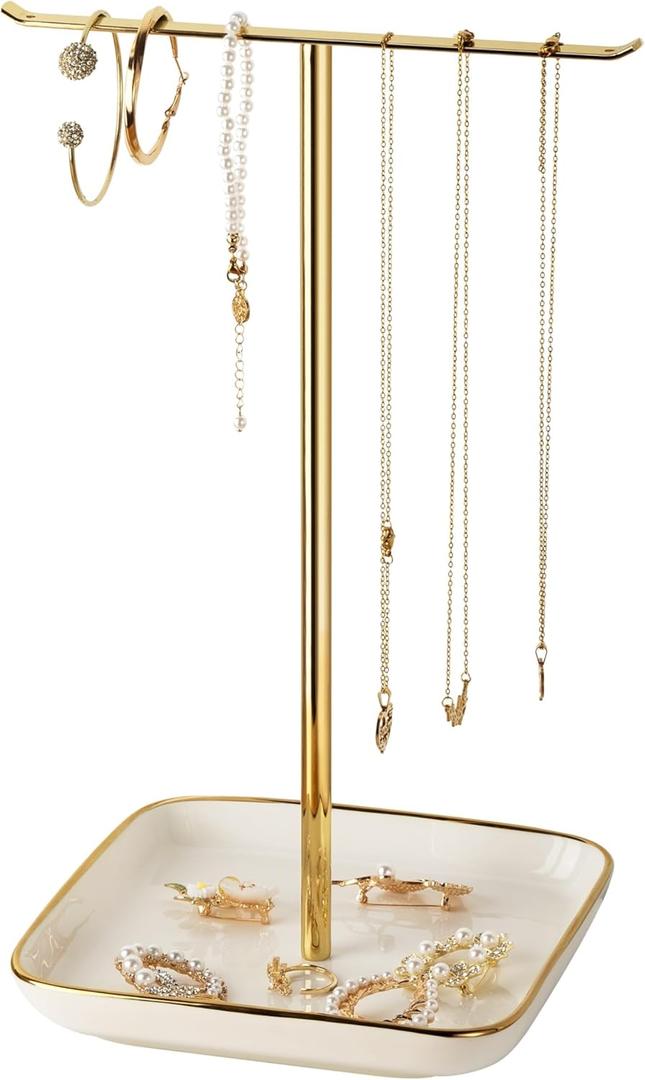 pickpiff Necklace Holder Stand with Ceramic Base: 12" Jewelry Tree Display Organizer for Necklaces, Bracelets, Rings, Earrings, Tall Gold Stand for Women, Aesthetic Room Dcor, Gold and White (6.7" base)