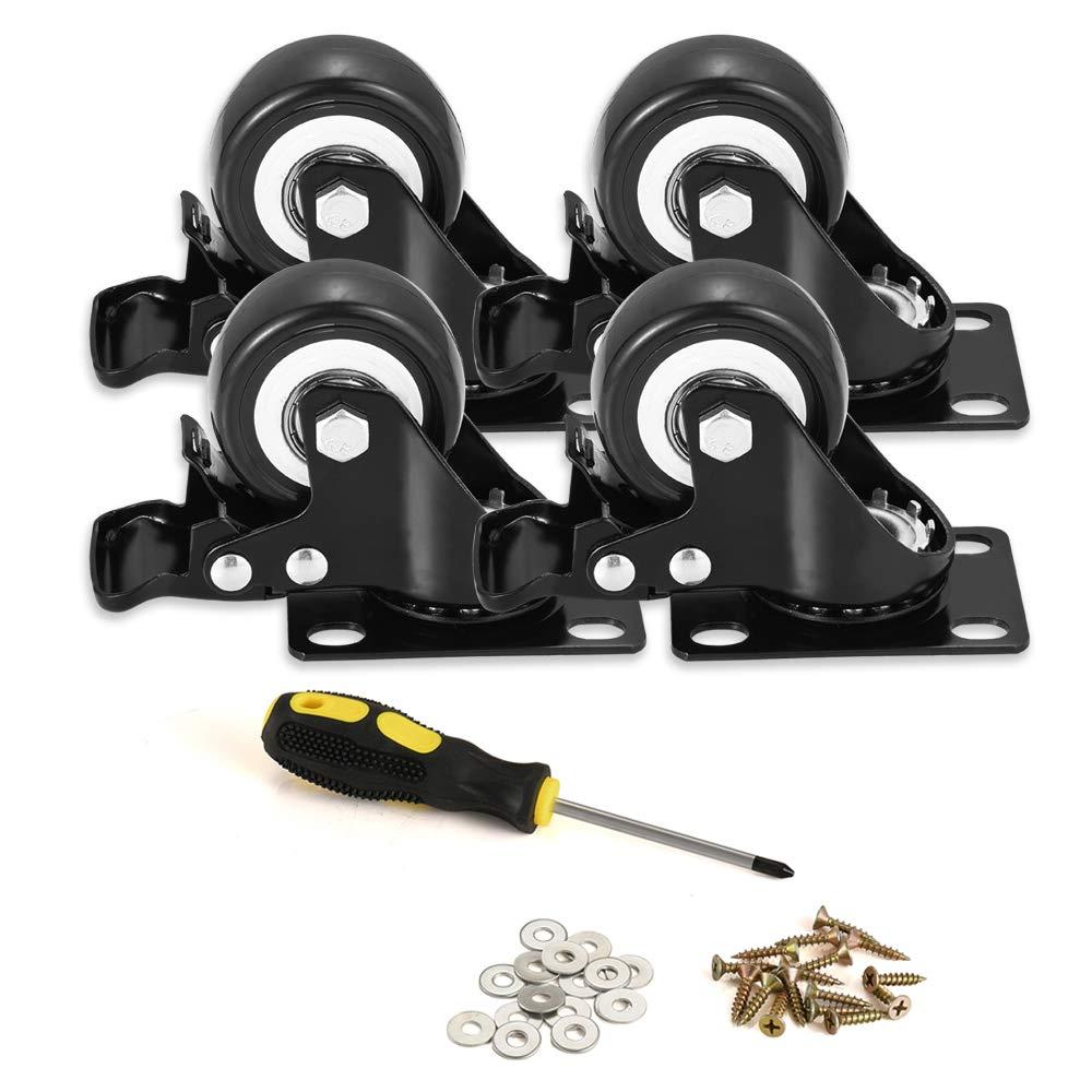 2" Caster Wheels, Heavy Duty Casters with Brake Set of 4, Locking Casters with 360 Degree No Noise Polyurethane (PU) Wheels, Swivel Plate Castors Pack of 4