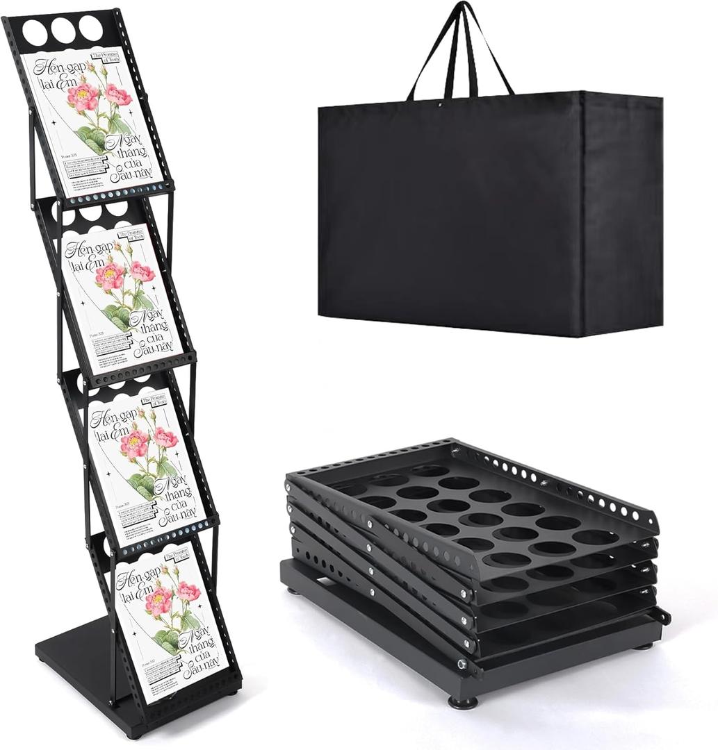 Trade Show Literature Stand Display Rack, Magazine Brochure Catalog Display Stand, Magazine Floor-Standing with Portable Oxford Bag for Office Store Exhibition Trade Show (Black)