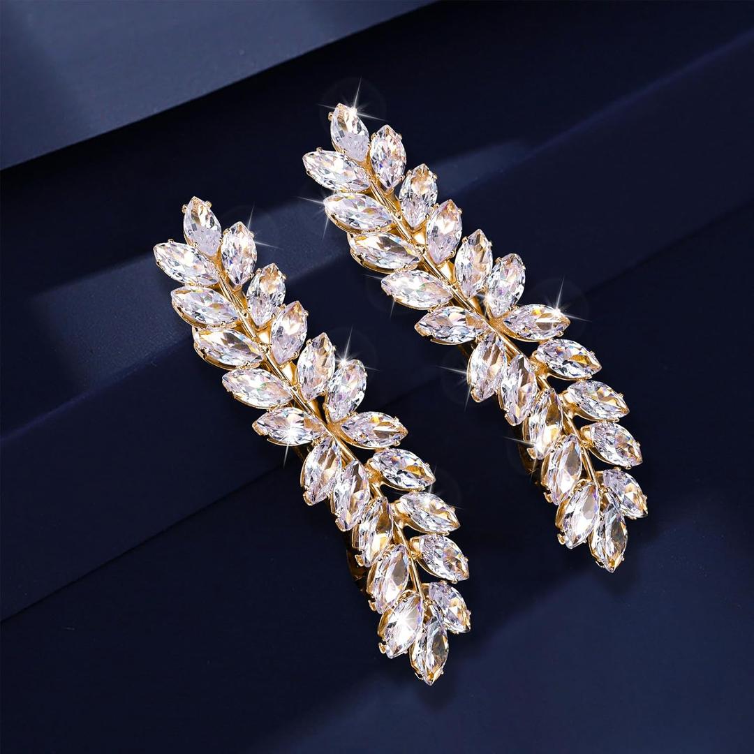 WHAVEL Rhinestone Hair Barrettes, Crystal Leaf French Bridal Hair Clips and Pins for Wedding, Vintage Hair Accessories for Bride and Bridesmaid (Gold)