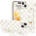 NITITOP Compatible with iPhone 15 Case with Wrist Strap Kickstand Cute Trendy Checkerboard Plaid for Women Girls Slim Fit TPU Silicone Shockproof Full Camera Protective Cover - White