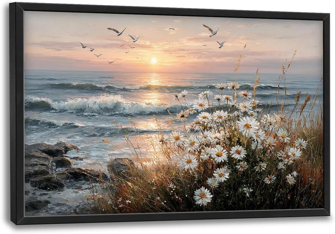 Large Beach Sunset Wall Art Canvas for Living Room Big Coastal Daisy Pictures Wall Decor Seaside Landscape Painting Pictures Artwork Decorations for Bedroom Dining Room Office 24" X 36"