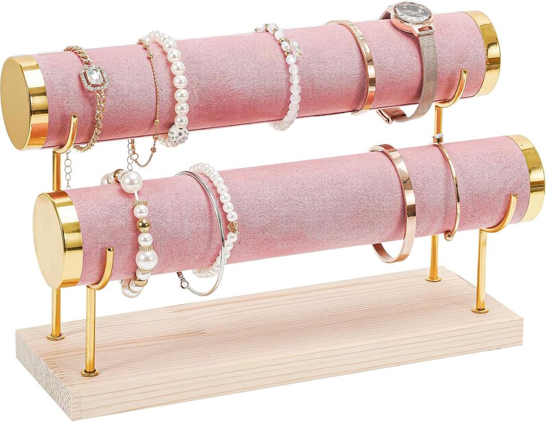 ProCase Bracelet Holder Display Bracelet Organizer Stand, Gold Detachable Bangle Storage Rack for Selling, Velvet Wrap Watch Holder with Wooden Base for Women Girls, Business Supplies - 2 Tier, Pink