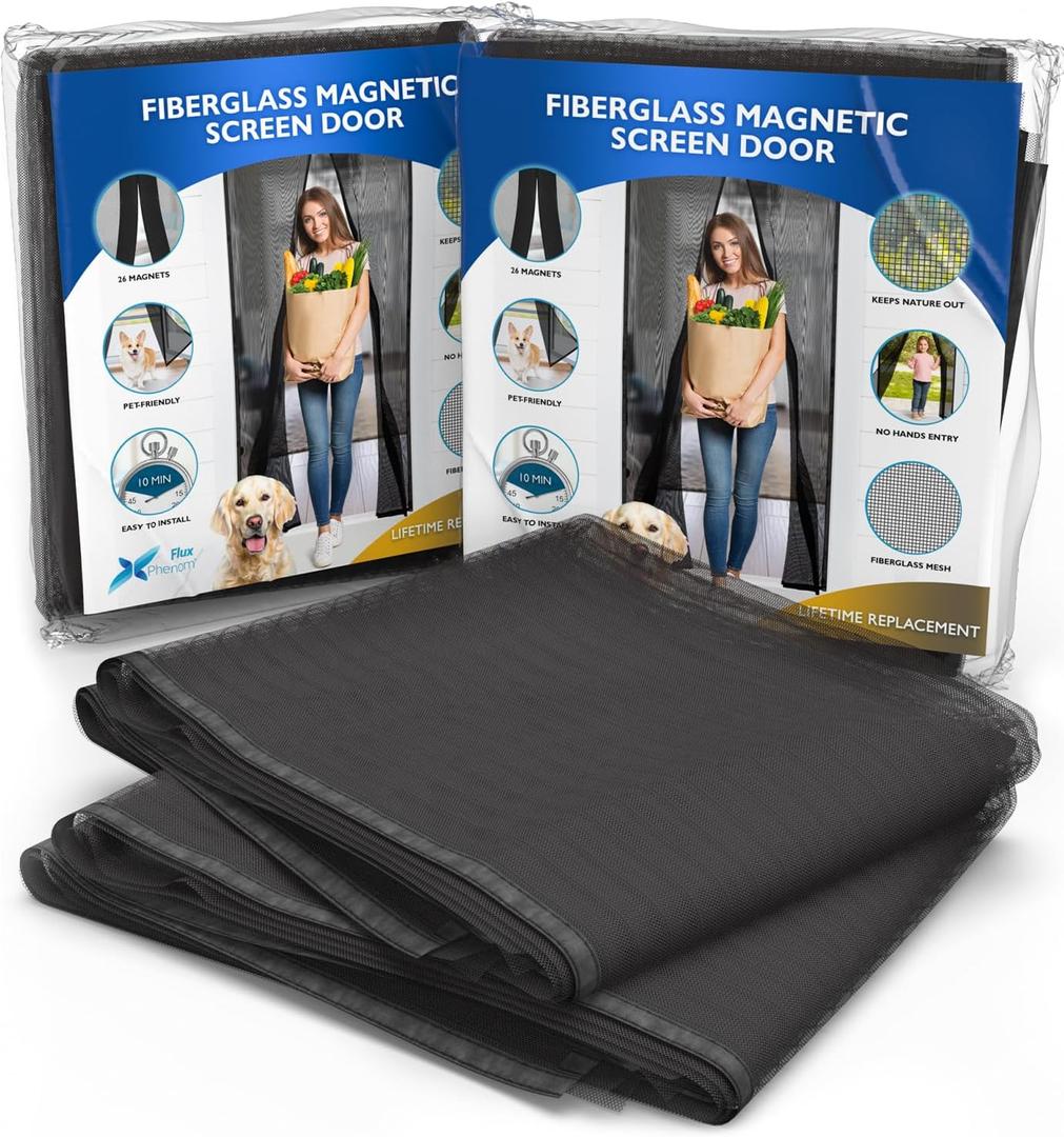 Flux Phenom Screen Door Mesh 38x82 Inch  Easy Install, Strong Magnet Strength, Pet Tested, Hands-Free Entry, Door Screen Magnetic Closure, Keeps Bugs Out - Pack of 2