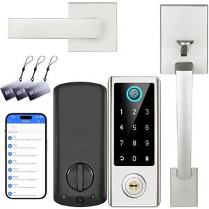 Fingerprint Door Lock with Handle Sets, BEBASIA Keyless Entry Door Lock, Bluetooth Front Door Lock Set, Smart Deadbolt, Electronic Keypad Digital Deadbolt with Handle, Satin Nickel