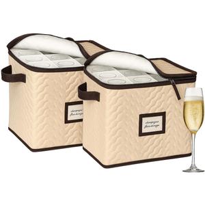 Champagne Flute Storage Boxes with Dividers - Set of 2 - Each Holds 12 Glasses up to 3.75" Wide - Quilted Microfiber Case with Handles - Protects Stemware - Ideal for Champagne & White Wine Glasses