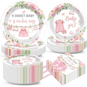 Justforjoyful 200Pcs Floral Baby Girl Shower Plates and Napkins Decoration Pink Girl Party Tableware Dinnerware Set Spring Rose Gold Paper Plates for Baby Gender Reveal Party Supplies Serves 50