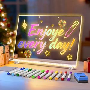 LED Drawing Board for Kids - 13.7x10.6 Inch, rasable Acrylic Doodle Pad,Chalkboards,with 12 Fluorescent Markers,Stand,4 Modes & 7 RGB Colors - Creative Fun & Christmas Gift for Grandkids