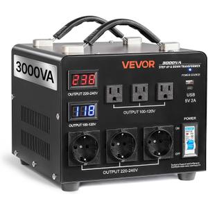 VEVOR Voltage Auto Converter Transformer, 3000VA, Heavy Duty Step Up/Down Power Transformer, 110V to 220V and 220V to 110V, with 3 US Outlets, 3 EU Outlets, LCD Display, Circuit Breaker Protection