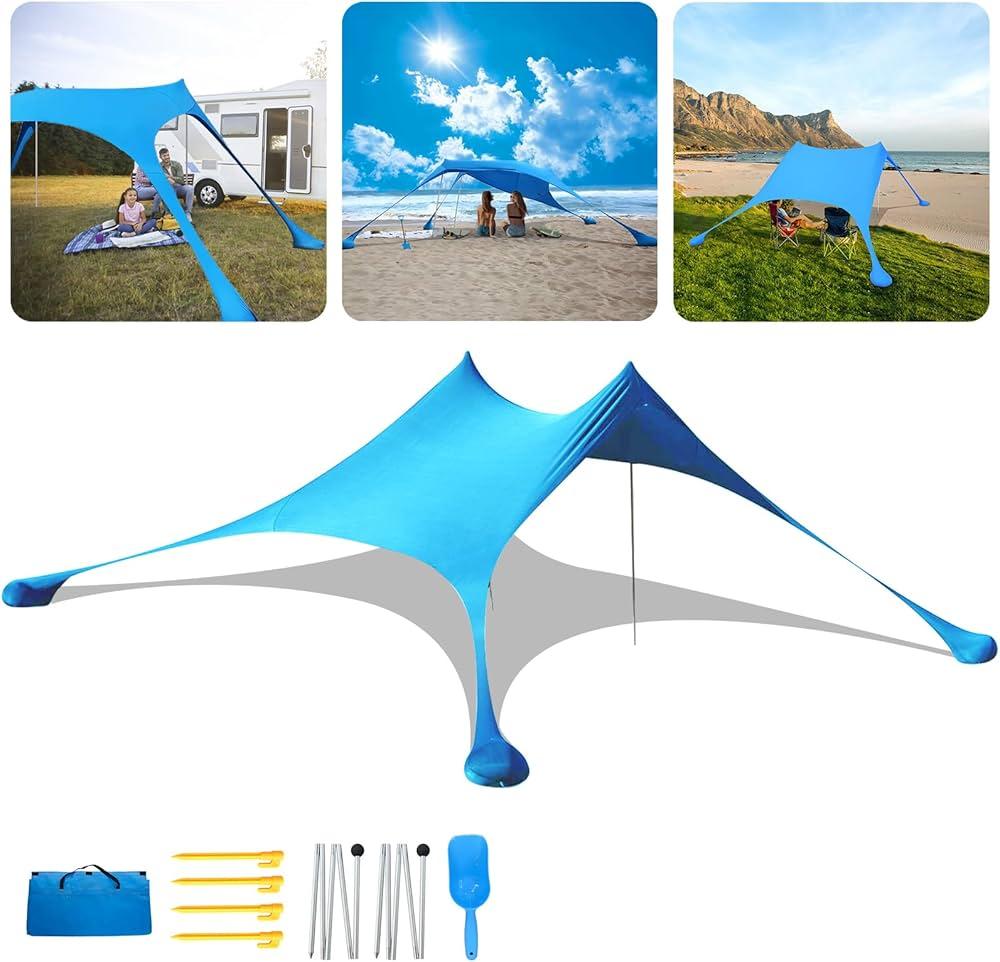 Beach Sun Sail, 2.1 m x 2.1 m, Elastic on All Sides, Easy to Assemble, Sun Protection, Includes 2 Aluminium Poles, Carry Bag and Sand Shovel, Suitable for Beach Camping Travel