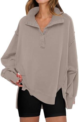 ANRABESS Women's Sweatshirts Oversized Casual Loose Button Up Henley Pullover Top High Low Split 2025 Fall Fashion Outfits Large