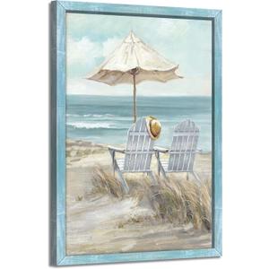 Abstract Beach Framed Wall Art - Coastal Chair Picture Modern Ocean Painting Prints Calming Seascape Wooden Artwork Decor for Bedroom, 24"L x 16"W