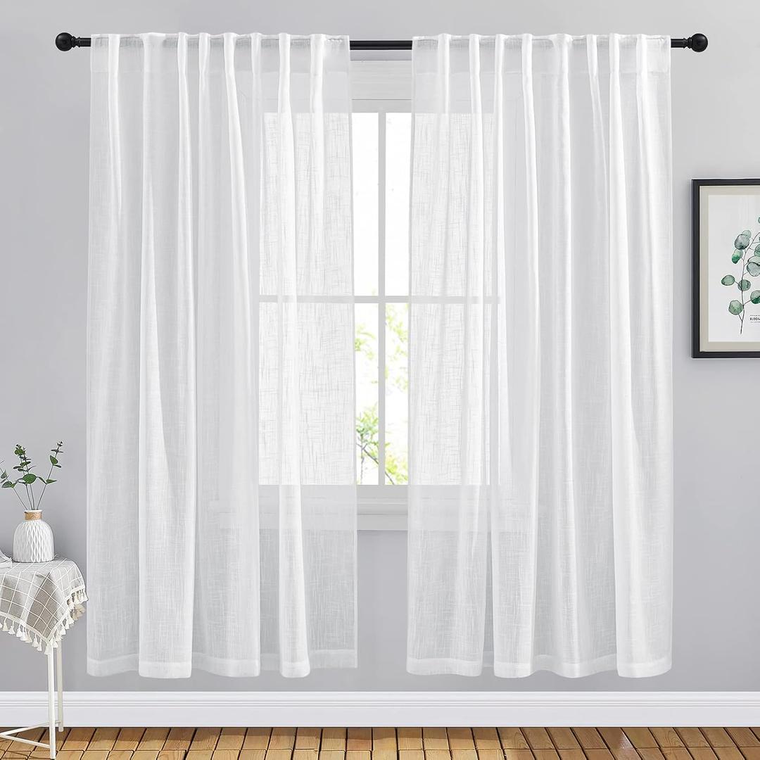 NICETOWN Semi Sheer Window Curtain Panels for Nursery, Rod Pocket & Back Tab Privacy with Light Filter Linen Sheer Window Treatments for Bedroom/Living Room, White, W66 x L72, 2 Pieces