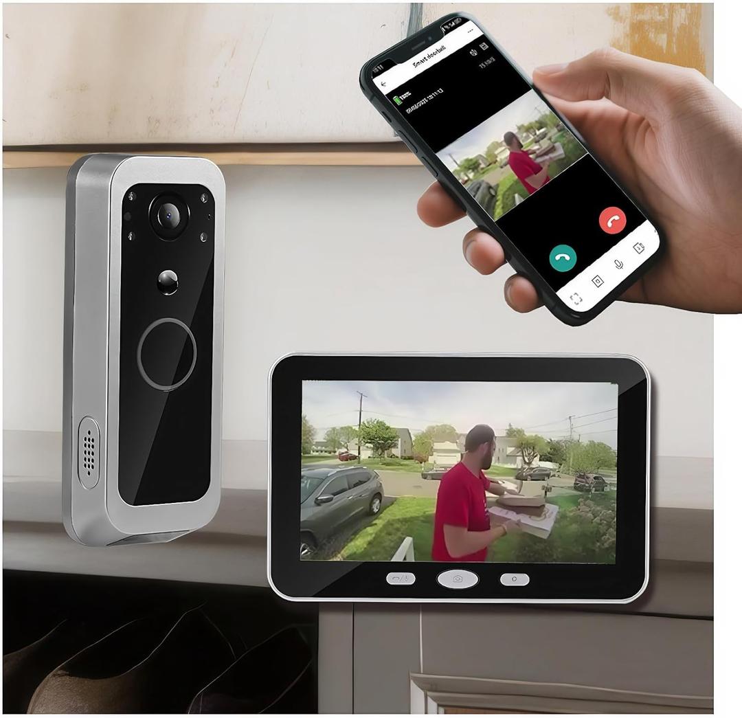 Doorbell Camera with Portable Monitor, Active Human Recognition Alerts Battery Powered No Forced Subscription 2.0MP