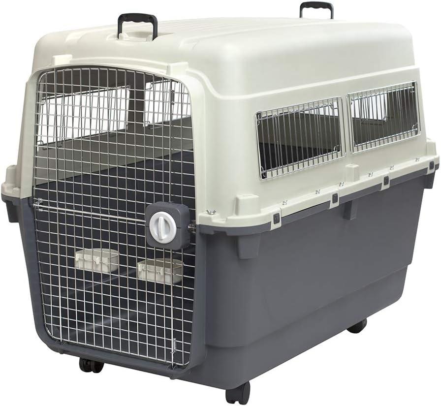 SportPet Designs Plastic Kennels Rolling Plastic Airline Approved Wire Door Travel Dog Crate, XXX-Large, Gray (48.0"L x 32.0"W x 36.0"H)