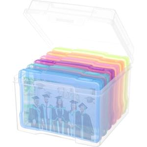 Photo Storage Box 4" x 6", Extra Large Transparent Plastic Photo Organizer Craft Keeper with 6 Colorful Inner Case for Cards, Pictures, Stamps, Stickers, Seeds, Office Supplies
