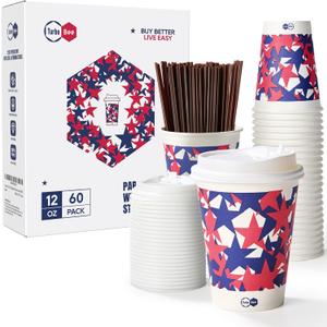 Turbo Bee 12 OZ Disposable Coffee Cups with Lids, 60 Pack To Go Hot Coffee Cups with Lids and Straws for Travel, Party, Restaurants and Business