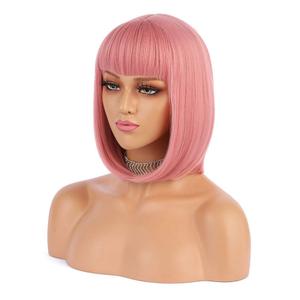 eNilecor Short Hair Wig 12" Straight Flat Bangs Short Bob Hair Candy Color Synthetic Wigs Natural As Real Hair (Pink)