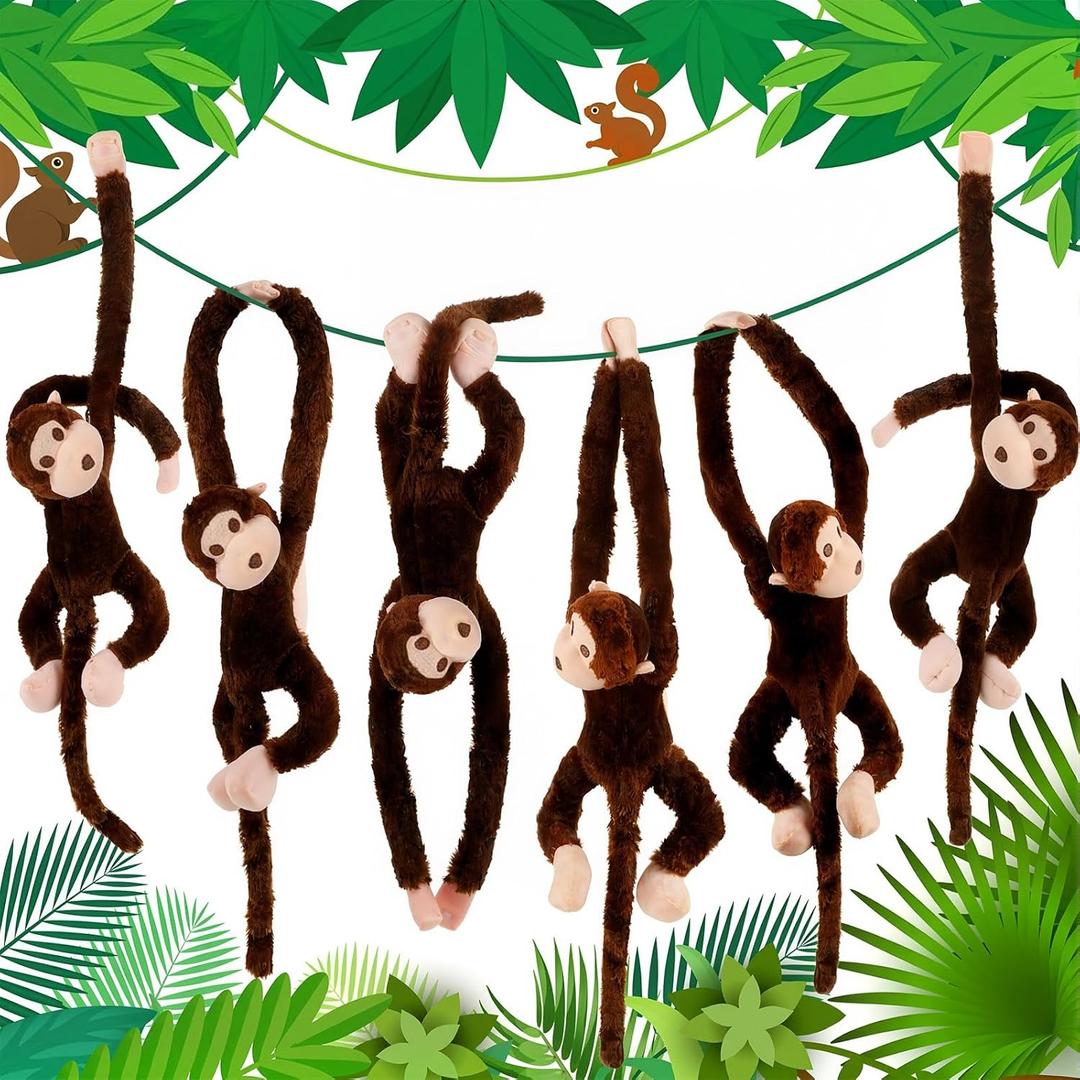 Hungdao 6 Packs Hanging Monkey Stuffed Jungle Animal Toy Gifts with Hook and Loop Jungle Party Hanging Plush Monkey for Classroom Birthday Party Decorations(Dark Brown,24 Inch)