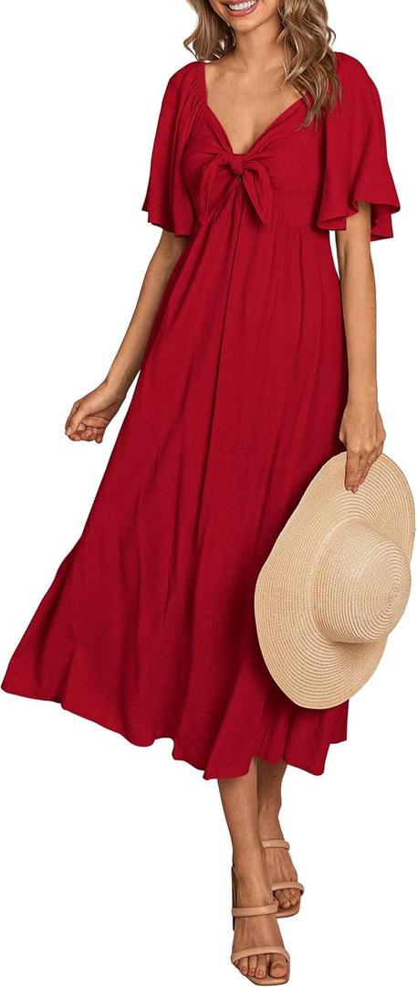 PRETTYGARDEN 2025 Summer Dress for Women Casual Short Sleeve Bow Tie V Neck Ruffle Midi Flowy Dresses (Medium, Red)