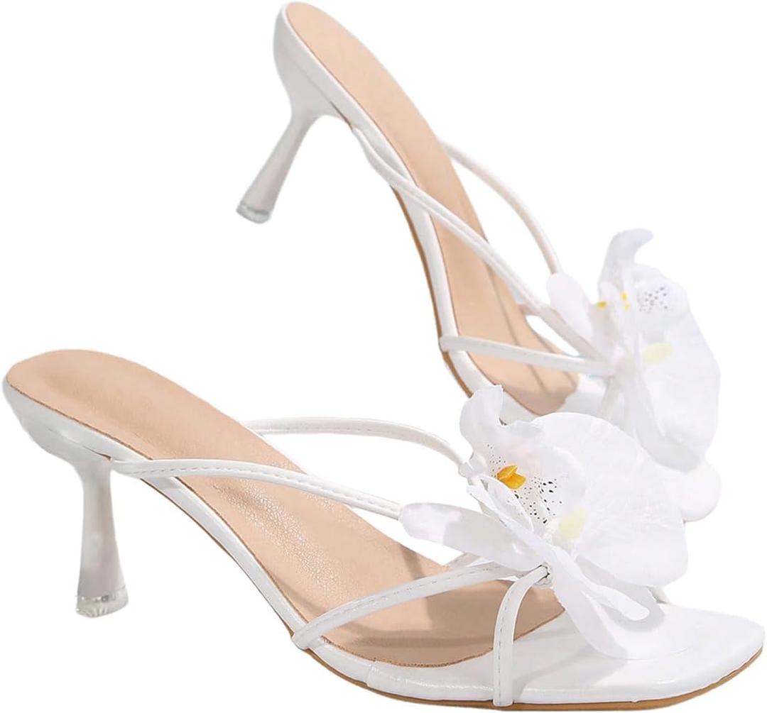 MakeMeChic Women's Open Toe Floral Kitten Heels Flower Summer Beach Sandals (6.5), White Solid  MakeMeChic Women's Open Toe Floral Kitten Heels Flower Summer Beach Sandals (6.5), White Solid