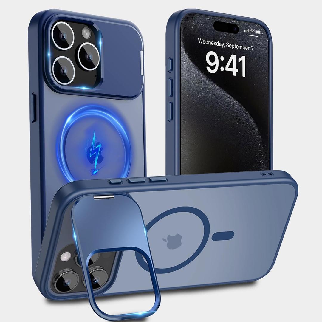 Cufelf Magnetic for iPhone 15 Pro Max Case(Compatible with Magsafe)(Built-in Invisible Kickstand) Military Drop Protection,Anti-Fingerprint,Anti-Scratch,Matte Translucent Phone Cover,6.7",Blue