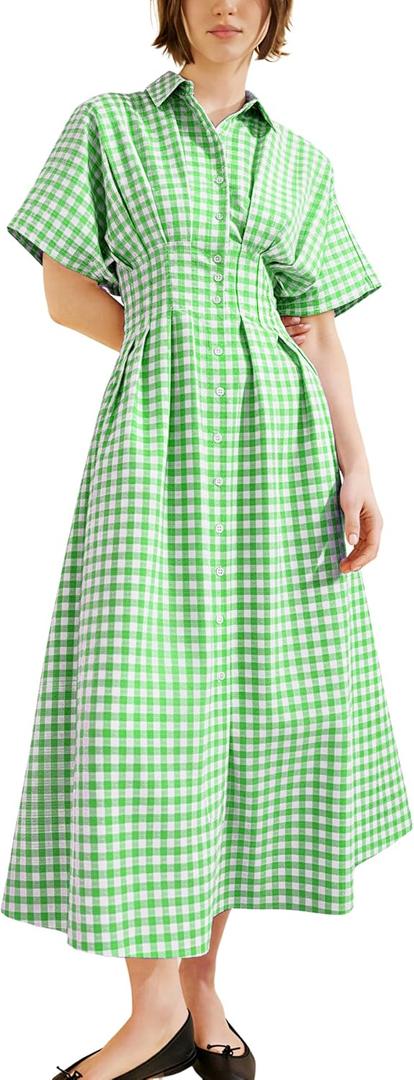 Yeokou Women Plaid Shirt Dress Short Sleeve Button Down Pleated Gingham A Line Maxi Dresses Casual Sundress with Pockets, M