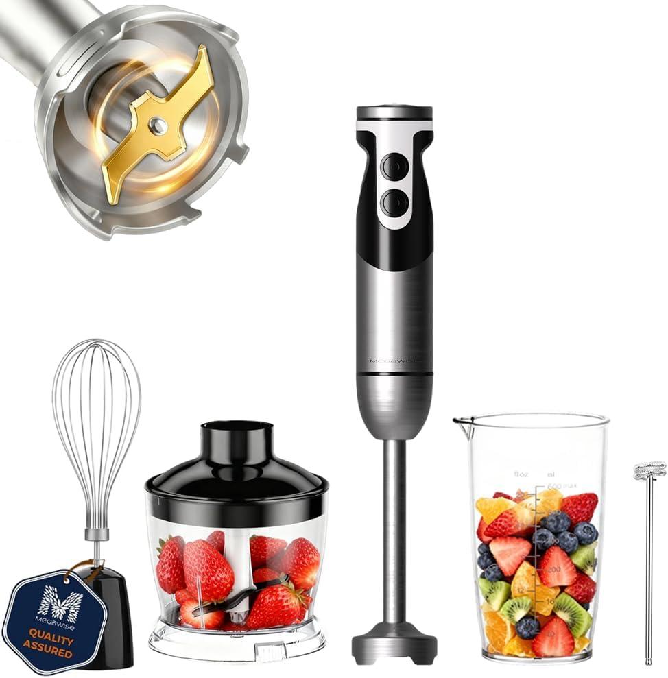 MegaWise Blender Handheld 12-Speed Stainless Steel Electric Hand Blender, 5 in 1 Immersion Handheld BlenderTitanium Blades Hand Blender, Milk Frother Wand,with 600ml Whisk Beaker and Chopper (black)