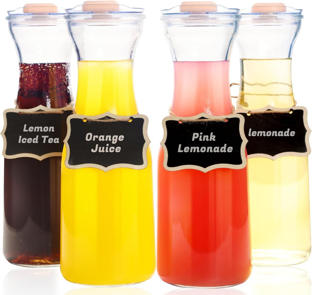 Set of 4 Glass Carafes with Flip Top Lids (40 Oz) Clear Glass Water Pitchers and Beverage Serveware for Mimosa Bars, Brunch, Parties, Wine, Juice, Milk, Iced Tea, and Lemonade with Easy-Pour Spout