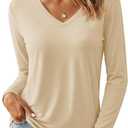 YUCOLEN Womens Long Sleeve Shirts V Neck Summer Casual Cotton T-Shirt 2026 Solid Color Blouses Soft Basic Tee Tops,XL