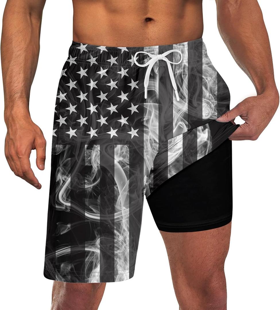Goodstoworld Men's Funny Swim Trunks with Compression Liner 2 in 1 Quick-Dry 9" Stretch Shorts with Three Pockets (Black, XXL)
