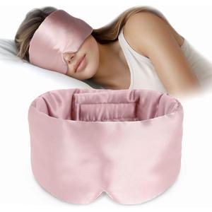 Silk Sleep Mask Soft Pressureless: 100% Mulberry Silk for Eye Skin Anti Wrinkles, Large Size for Total Blackout, Adjustable Wide Velcro Ear Cover (Pink)