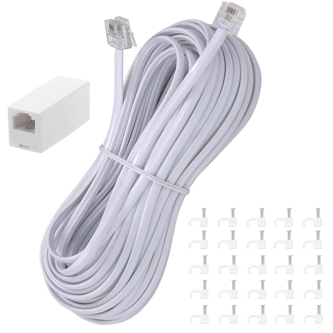 50Feet Long Telephone Extension Cord Phone Cable Line Wire, with Standard RJ11 Plug and 1 in-Line Couplers and 25 Cable Clip Holders-White (50FT)