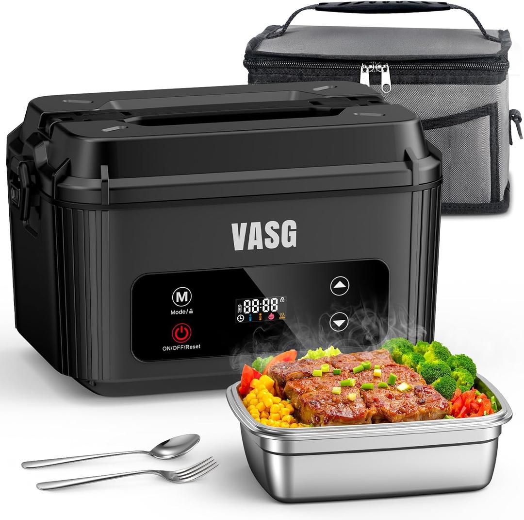 VASG 2026 Upgraded Cordless Heated Lunch Box for Adults, XXL 5.1-Cup Electric Lunch Box with 360 Surround Rapid Heating, 12000mAh Portable Food Warmer with Timer, LCD Display for Office & Car (Black)