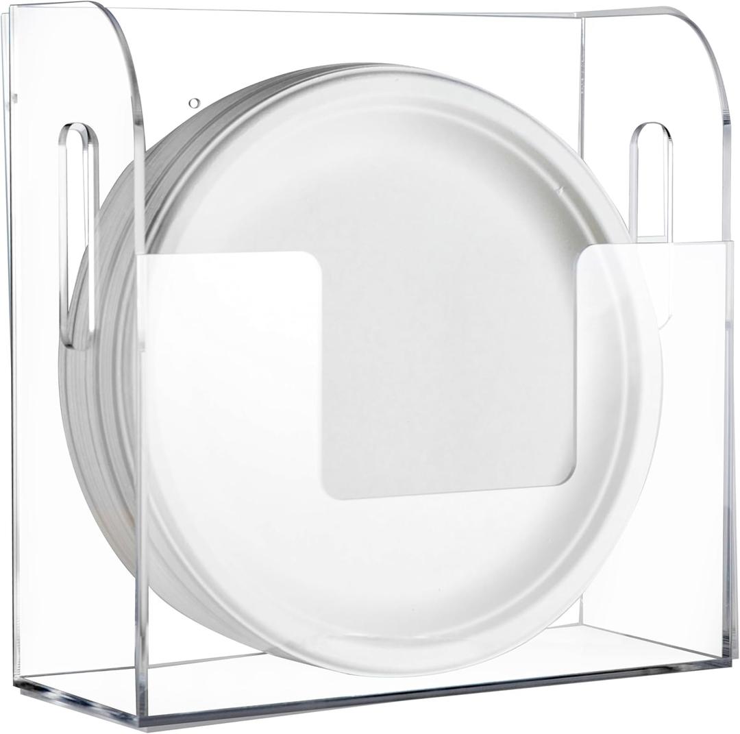 Acrylic Paper Plate Dispenser Wall Mounted, Paper Plate Organizer in Cabinet, Disposable Plate Storage Holder for Kitchen Countertop or Outdoor Picnics Party, Provide Adhesive Strip & Mounting Screws