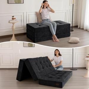 MAXYOYO 6" Folding Sofa Bed for Floor, Tufted Tri-Fold Floor Mattress with Chenille Fabric, Full Size Portable Sofa Couch Guest Mat for Adults, Foldable Topper for Camping, Black, 53"x75"