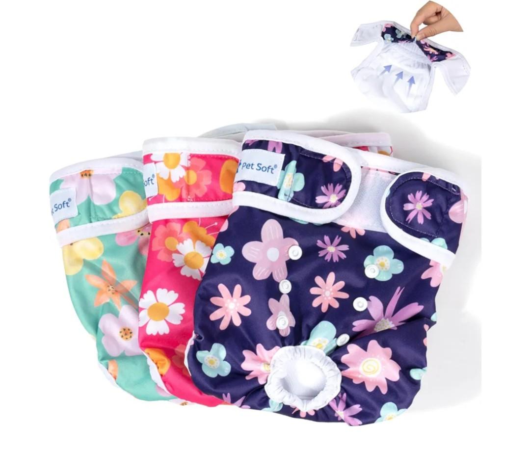 Pet Soft Washable Female Diapers (3 Pack) Female Dog Diapers, Comfort Reusable Doggy Diapers for Girl Dog in Period Heat (Bloom, M)