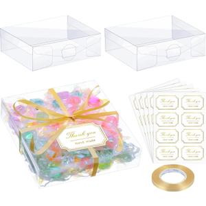 TaoBary 35 Pcs Clear Favor Boxes 4 x 4 x 1.2 Inch Transparent Rectangle PVC Plastic Boxes 40 Pcs Thank You Label Stickers and 1 Roll Gold Ribbon for Wedding Candy Chocolate Birthday