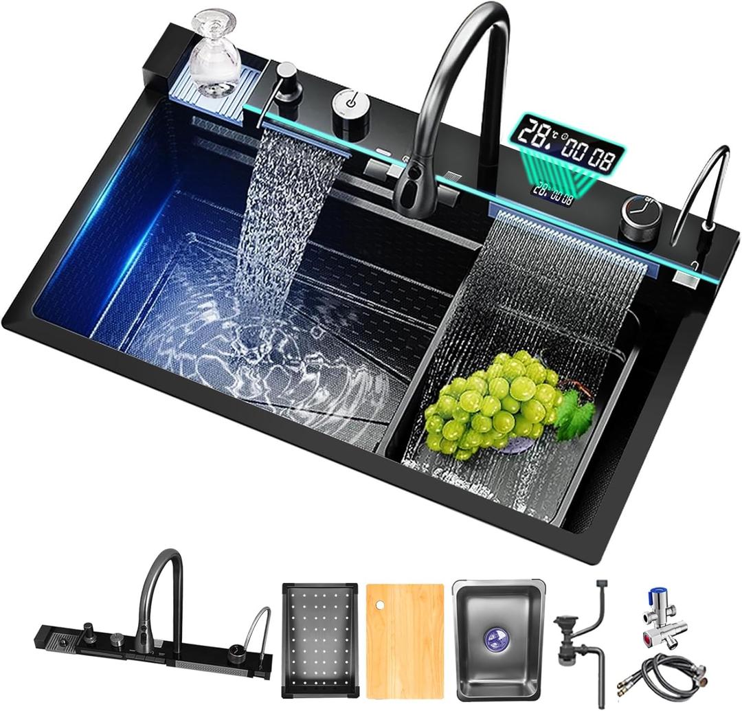 Sinks Undermount or Countertop Single Bowl Stainless Steel Kitchen Sink with Drain basket, cutting board, vegetable sink, multi-function pull-out faucet set (Black, 31.5x18x9 Inch)