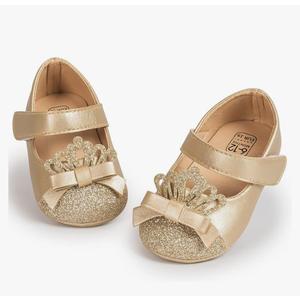 Sawimlgy Baby Girls Mary Jane Sequins Crown Flats PU Leather Wedding Party Princess Ballet Shoe Infant Rubber Sole Prewalker Toddler First Crib Shoes, 12-18 months