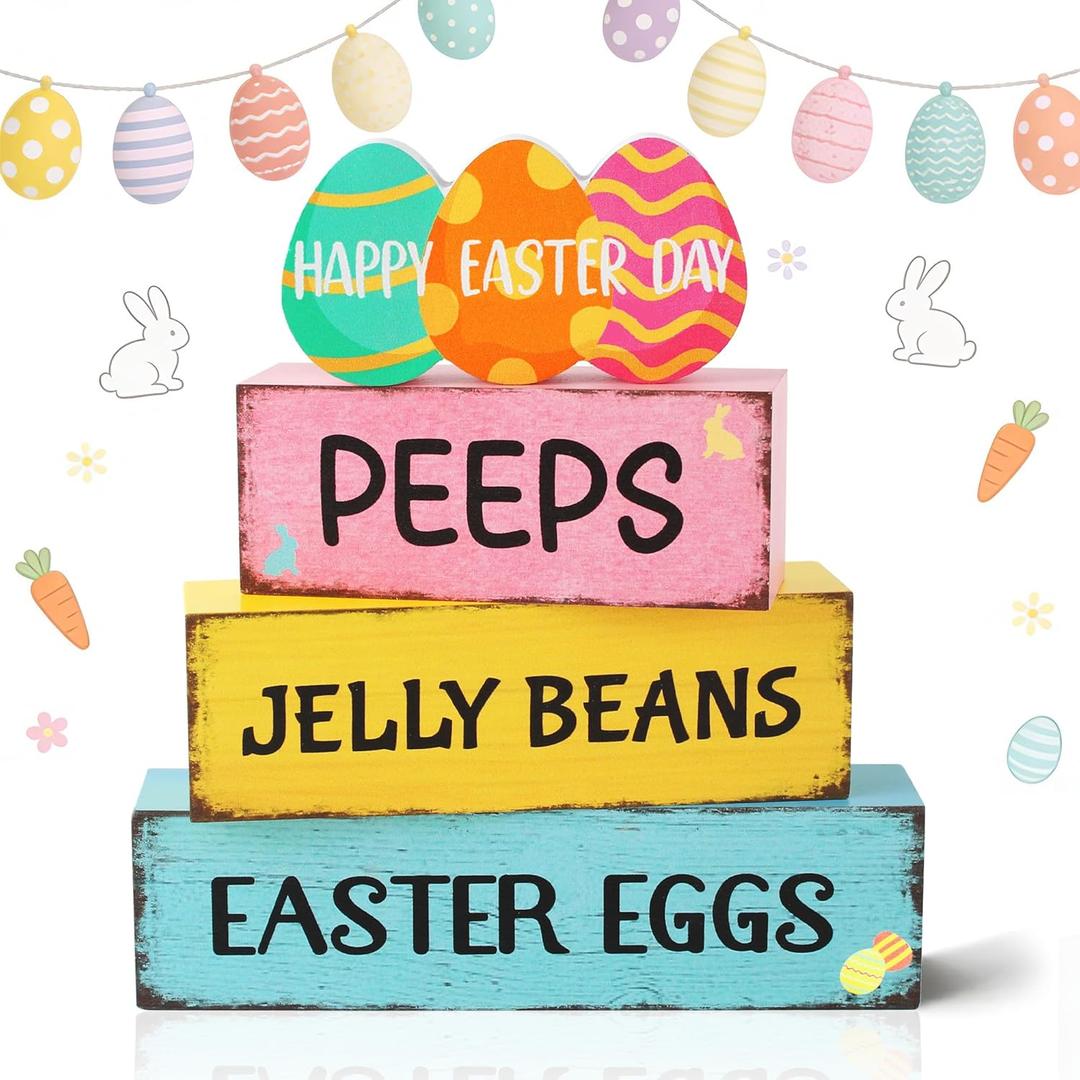 4 Pcs Easter Wooden Tiered Tray Decor, Easter Eggs Decorations Gifts for Home, Spring Table Centerpiece for Party Kitchen Holy Week Farmhouse (Pink)